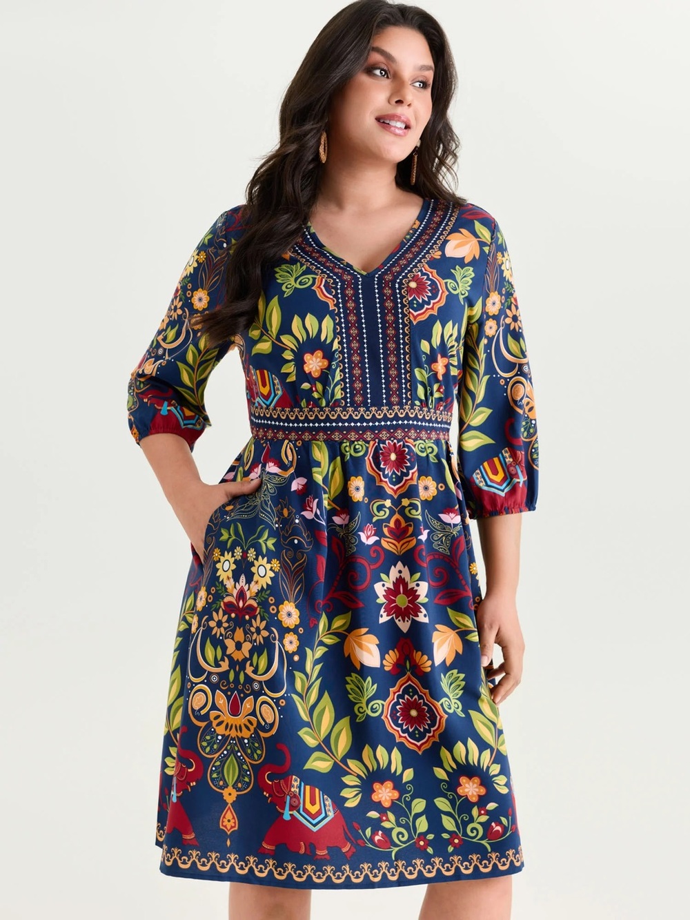 BloomChic Navy Floral Folk-Print Midi Dress